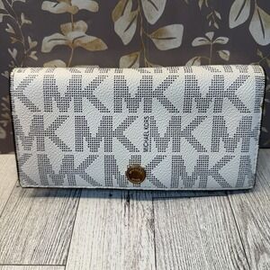 Michael Kors MK Logo Leather Wallet Cream & Blue Bifold Long Wallet